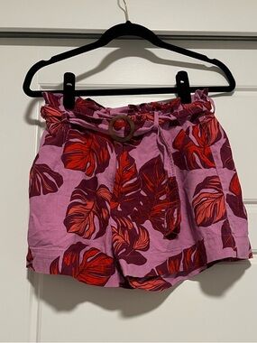 Sofia Jeans High-Waist Pink Tropical Print Paperbag Shorts with Belt